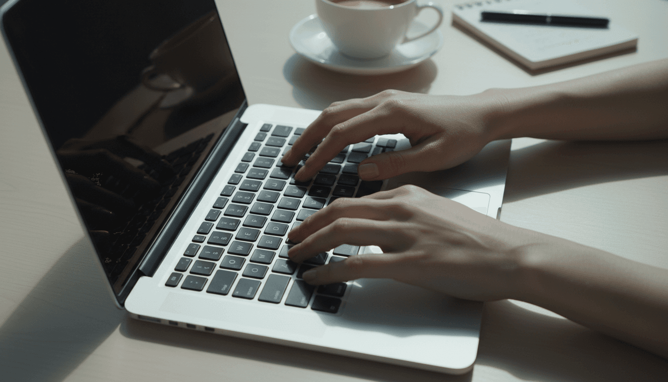 Professional hands working at a laptop in a focused workspace